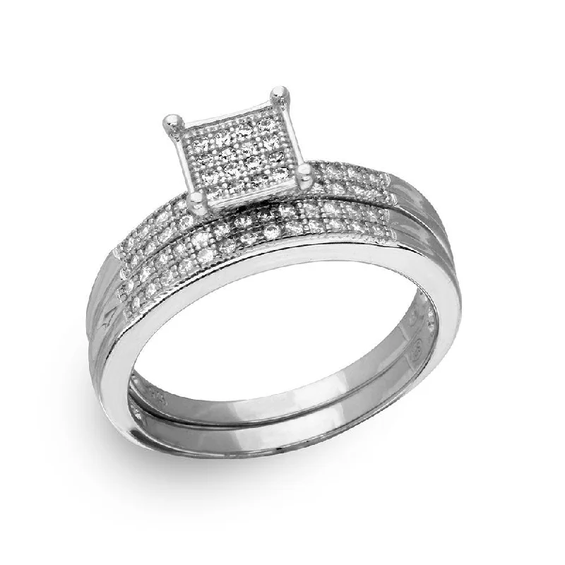 Ladies rings minimalist styles-Silver 925 Rhodium Plated Square Pave Center Trio Bridal Ring - GMR00170