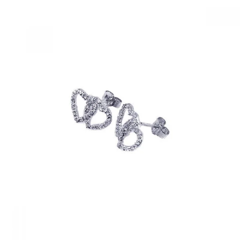 Ladies earrings viral picks-Silver 925 Rhodium Plated Two Heart CZ Post Earrings - STE00216