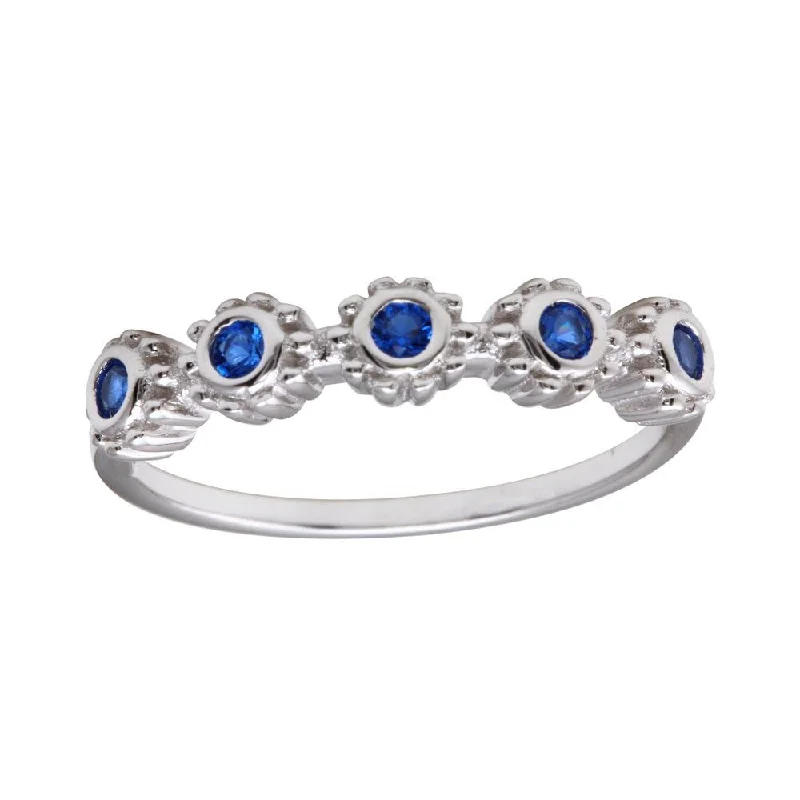 Ladies rings care tips-Rhodium Plated 925 Sterling Silver 5 Flower Blue CZ Ring - BGR01224BLU