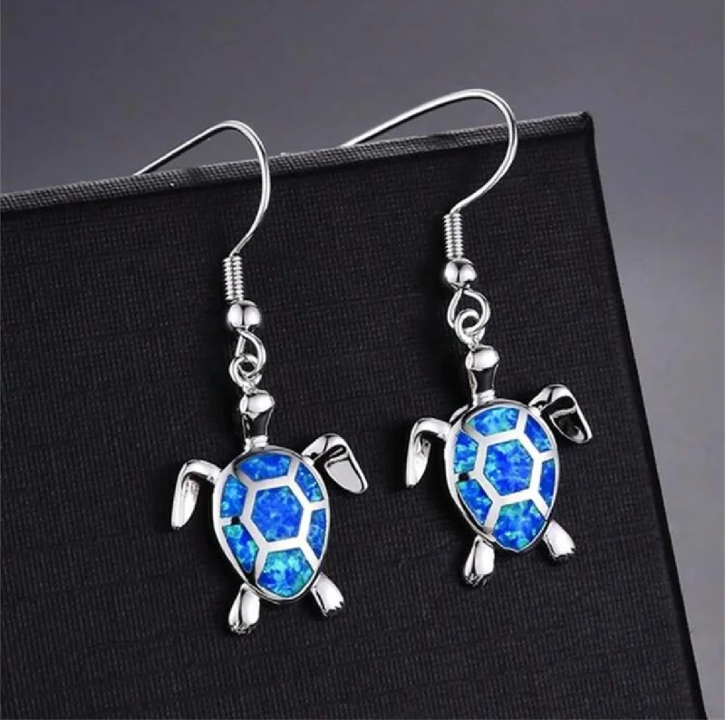 Ladies earrings rose gold-Beautiful Silver and Blue Turtle Earrings