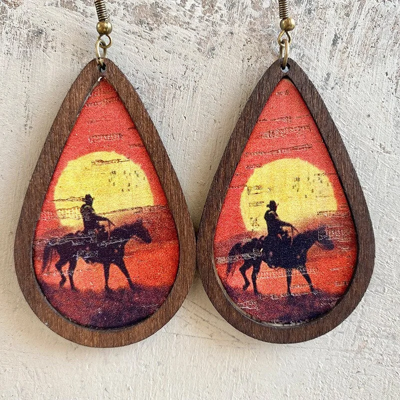 Ladies earrings stud designs-Drop-shaped Wooden Western Cowboy Earrings