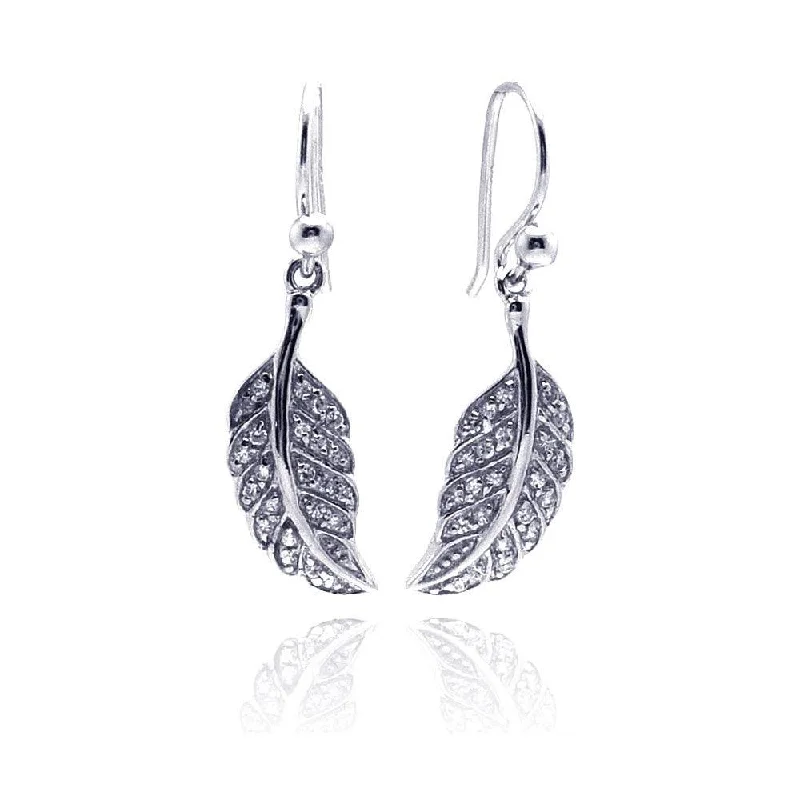 Ladies earrings elegant designs-Silver 925 Rhodium Plated Curvy Leaf CZ Dangling Hook Earrings - STE00542