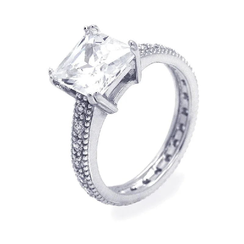 Ladies rings 2025 trends-Silver 925 Rhodium Plated Princess Cut Center CZ Ring - STR00661