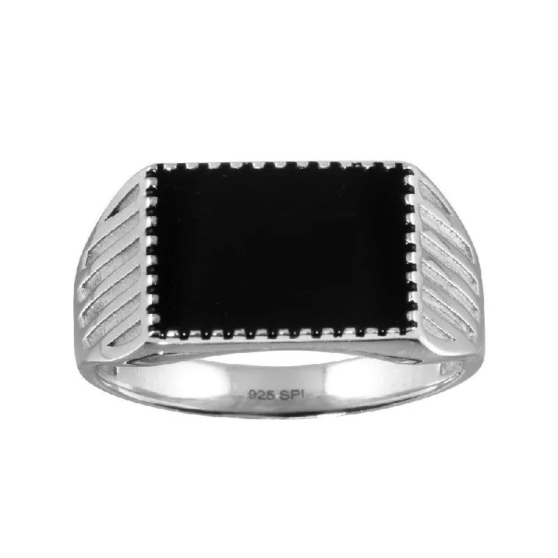 Ladies rings limited editions-Rhodium Plated 925 Sterling Silver Black Enamel Ring - SOR00001