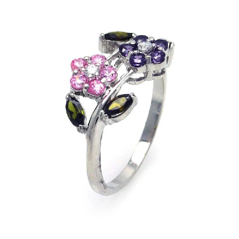 Ladies rings unique styles-Silver 925 Rhodium Plated Multi Colored CZ Flower Ring - STR00509