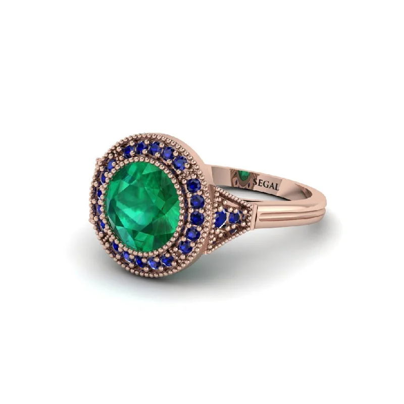 Ladies engagement rings online shopping-Round Cut Emerald Milgrain Halo Engagement Ring - Maggie No. 65