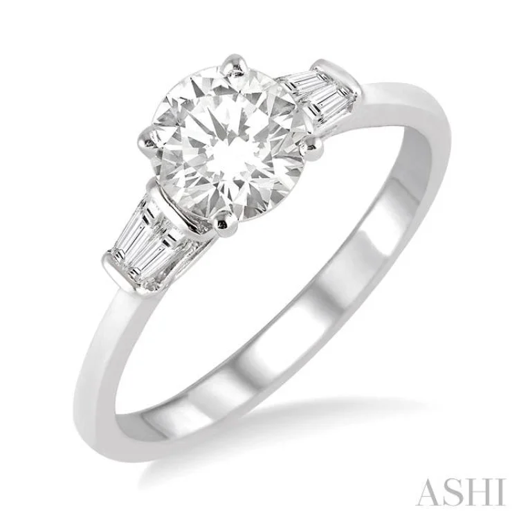 Ladies engagement rings minimalist looks-5/8 ctw Baguette and Round Cut Diamond Ladies Engagement Ring with 1/2 Ct Round Cut Center Stone in 14K White Gold