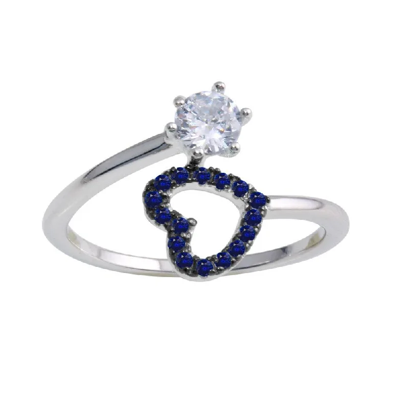 Ladies rings personalized-Rhodium Plated 925 Sterling Silver Open Heart Ring with Blue and Clear CZ - BGR01221BLU