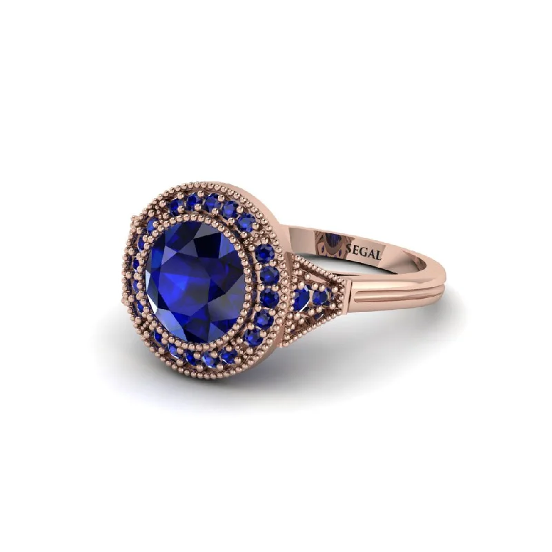 Ladies engagement rings holiday proposals-Round Cut Sapphire Milgrain Halo Engagement Ring - Maggie No. 74