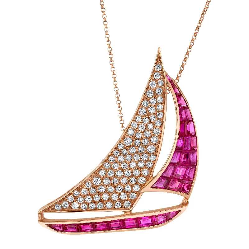 Ladies necklaces multi-layer-Pave Diamond Ruby Sailboat Pendant Necklace