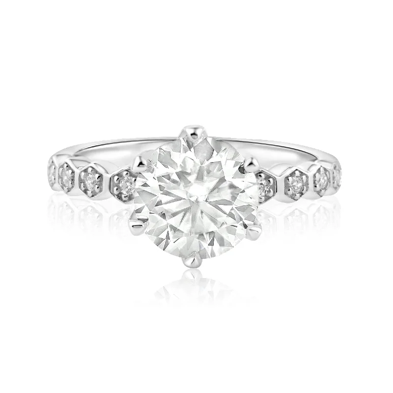 Ladies rings synthetic jewels-Rhodium Plated 925 Sterling Silver 2 Carat Round Moissanite and Clear CZ Ring - MBGR00006