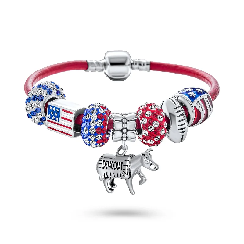 Ladies bracelets 2025 trends-Patriotic USA Charm Bracelet with GOP Elephant & Democrat Donkey Beads Red Leather