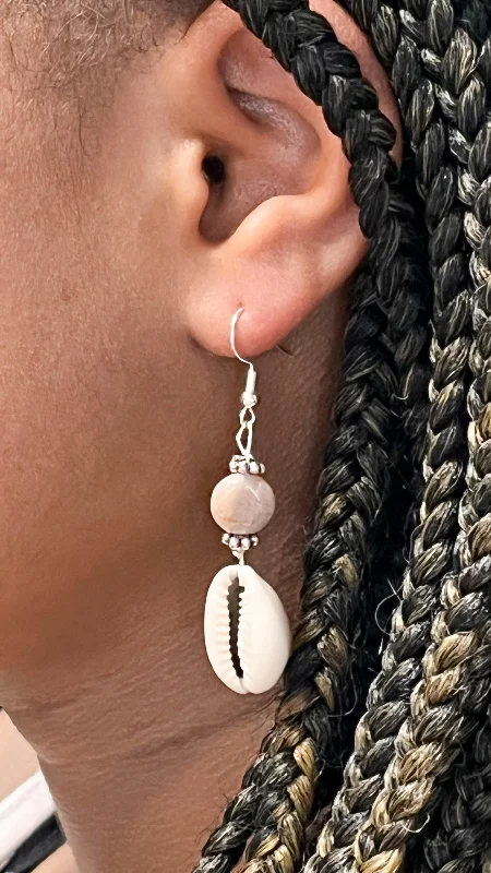 Ladies earrings 2025 trends-Moonstone and Cowrie Shell Sterling Silver Hook Earrings