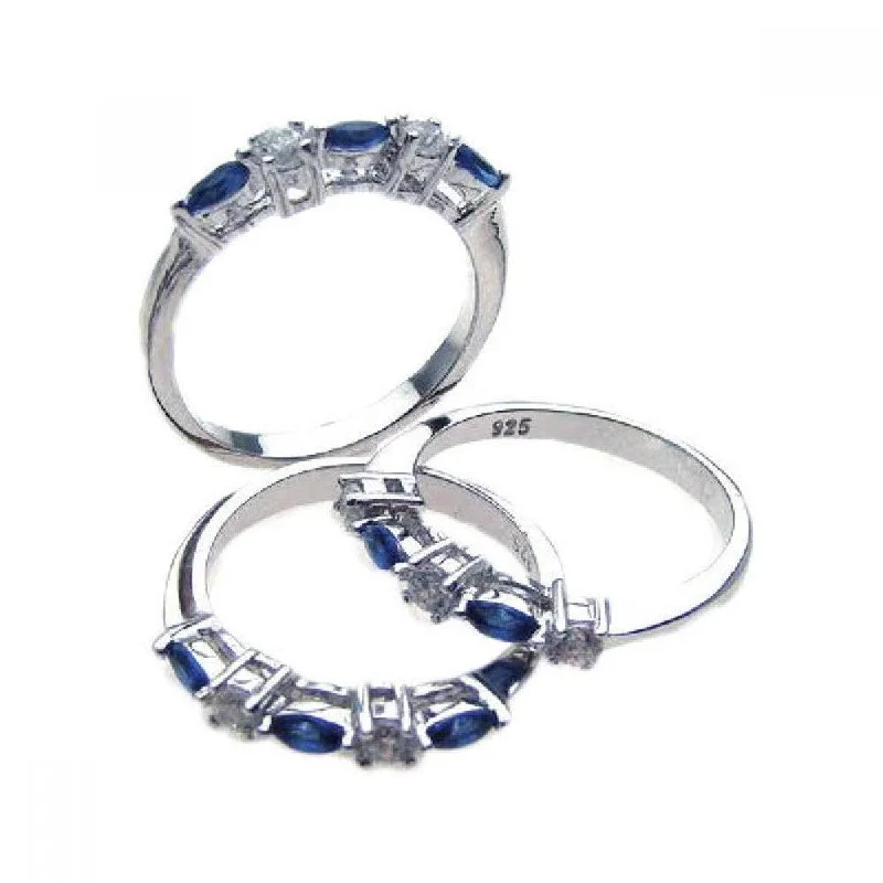 Ladies rings investment value-Silver 925 Rhodium Plated Blue and Clear CZ Ring Set - STR00510