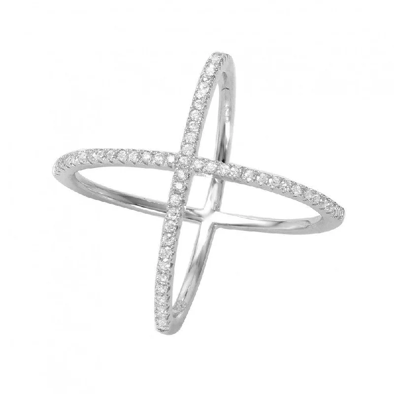 Ladies rings holiday gifts-Silver 925 Rhodium Plated 4 Way CZ Cross Ring - GMR00039