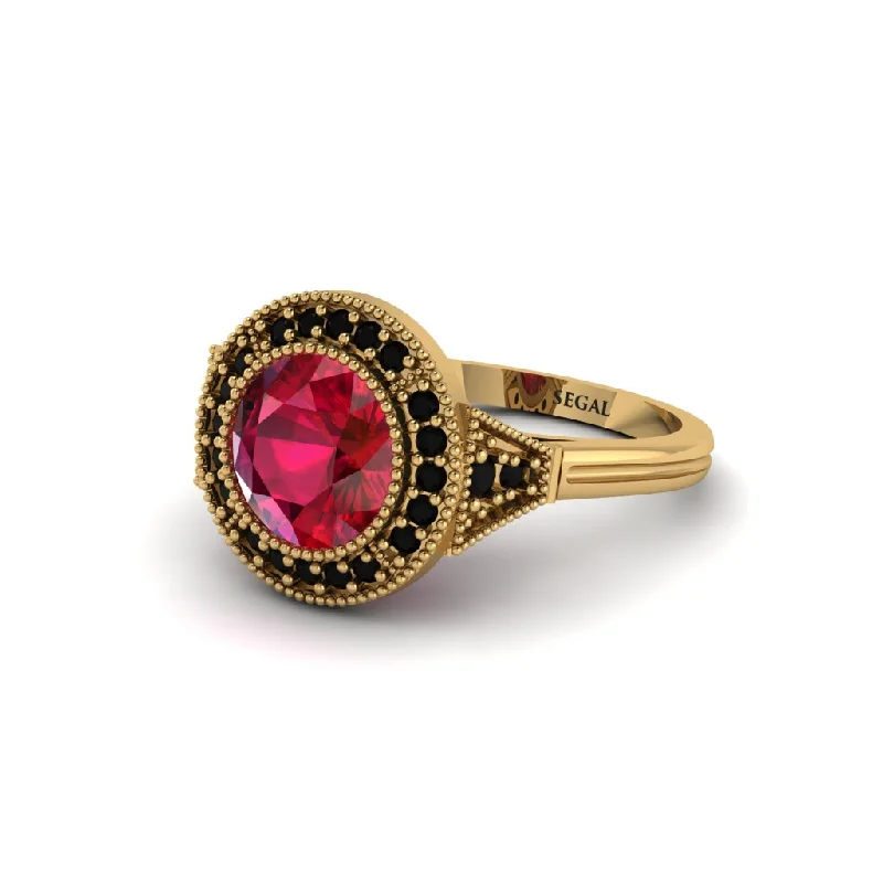 Ladies engagement rings floral motifs-Round Cut Ruby Milgrain Halo Engagement Ring - Maggie No. 40