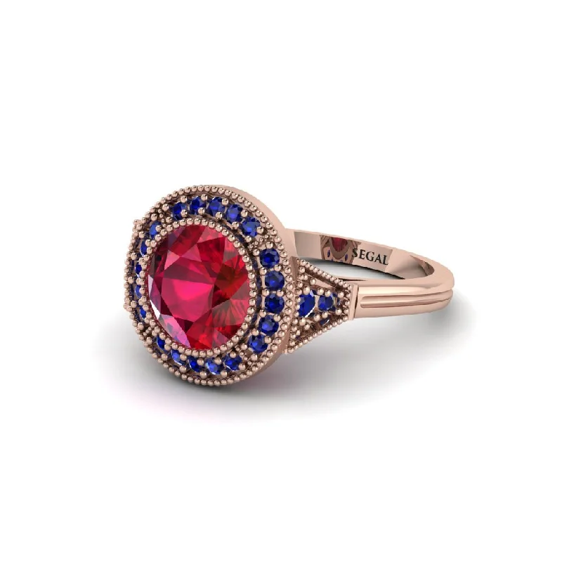 Ladies engagement rings anniversary upgrades-Round Cut Ruby Milgrain Halo Engagement Ring - Maggie No. 71