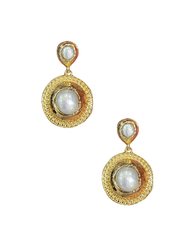 Ladies earrings holiday gifts-Pearl Button Drop Earrings