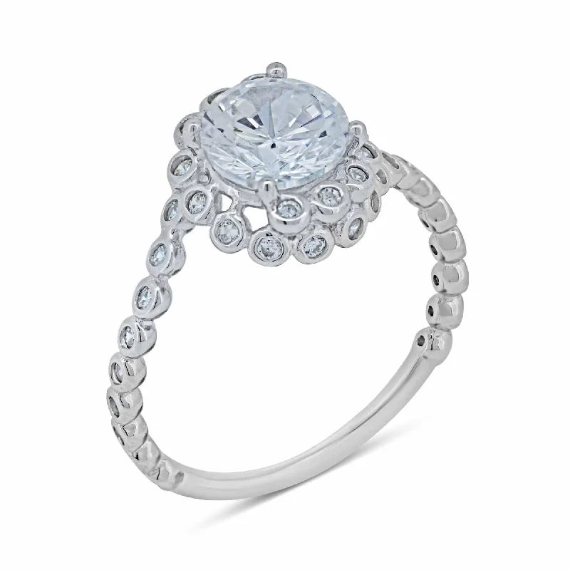 Ladies rings proposal gifts-Silver 925 Rhodium Plated Bubble Shank Round Center CZ Ring - BGR01038