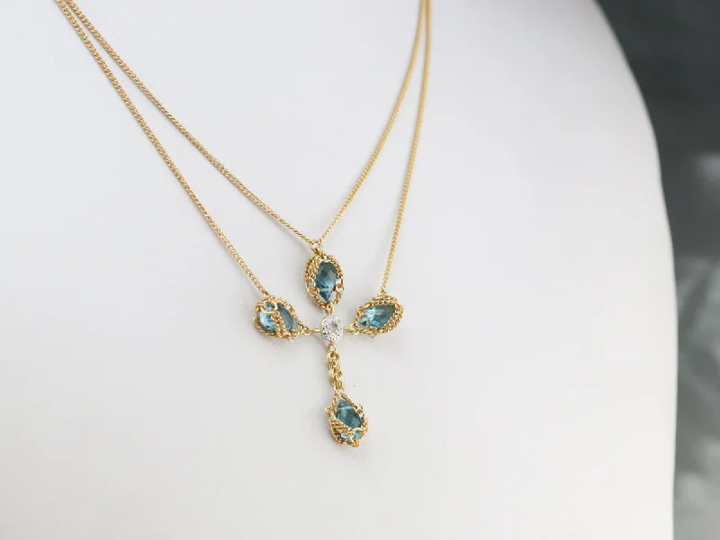 Ladies necklaces budget picks-Gold Blue Topaz and Diamond Cross Necklace