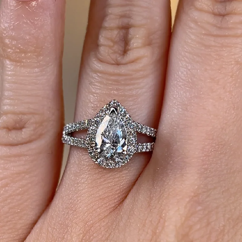 Ladies engagement rings elegant classics-"Cresta" Halo Pear Cut Split-Shank Diamond Shoulder Engagement Ring