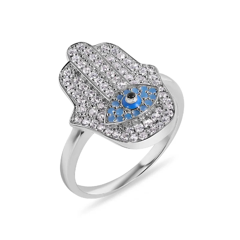 Ladies rings care tips-Rhodium Plated 925 Sterling Silver Hamsa Evil Eye Clear Turquoise CZ Studded 18.6mm Ring - GMR00409