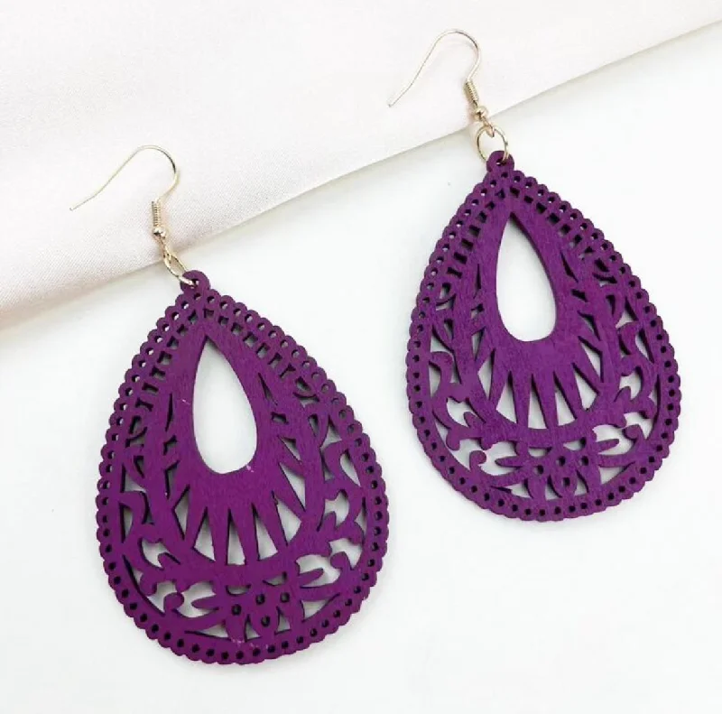 Ladies earrings Christmas designs-Beautiful Purple Wooden Drop Earrings