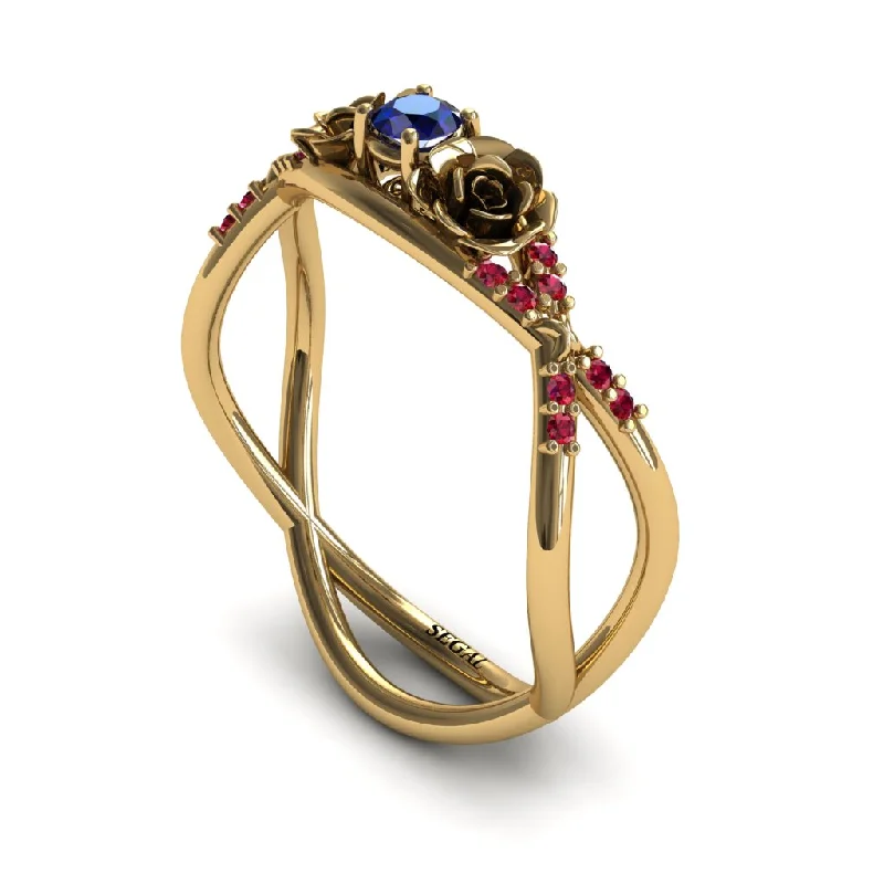 Ladies engagement rings floral motifs-Rose Engagement ring 14K Yellow Gold Thin Elegant Flower Ring Sapphire With Ruby - Stella no. 16