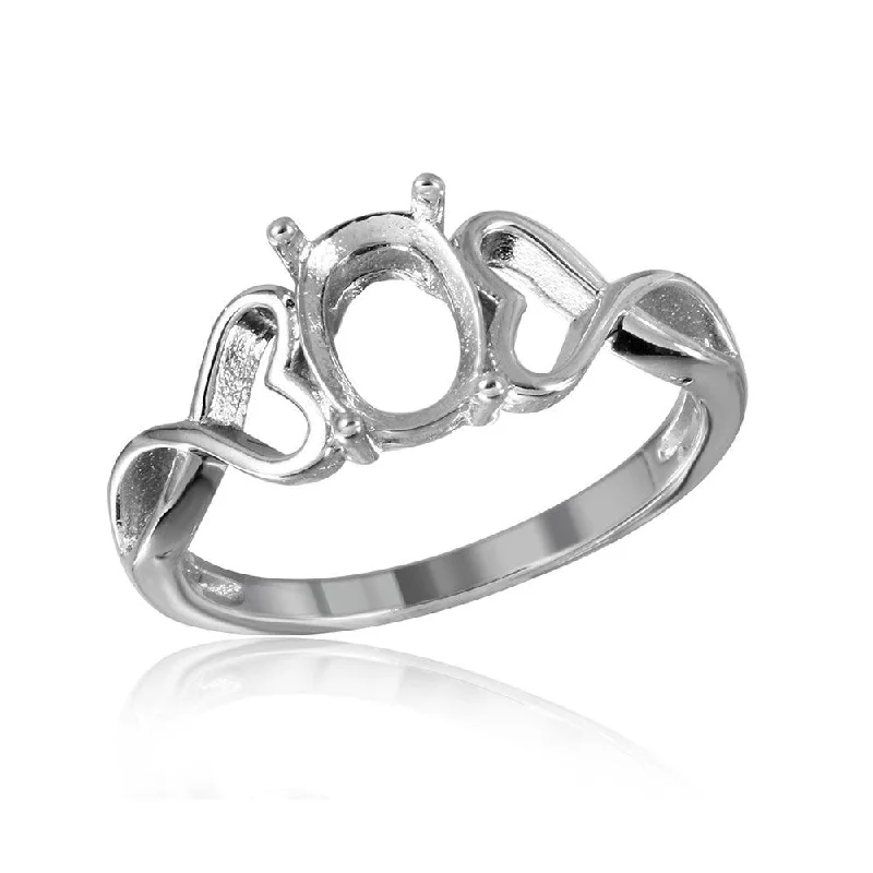 Ladies rings punk flair-Silver 925 Rhodium Plated Open Heart Shank Single Stone Mounting Ring - BGR00934