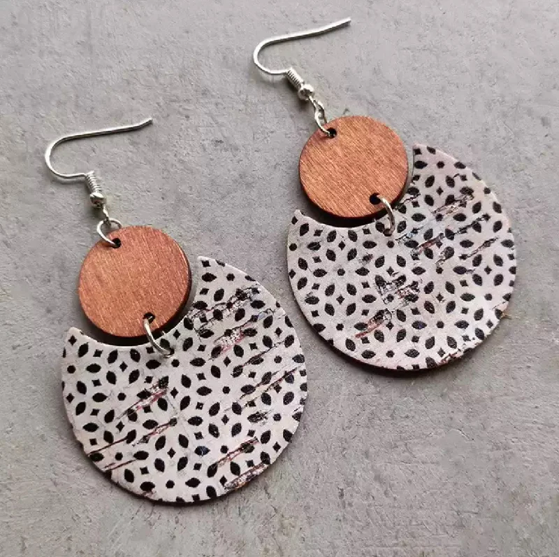 Ladies earrings celebrity trends-Round Black and White Wood and Cork Earrings