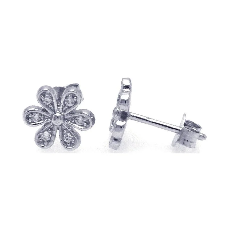 Ladies earrings handmade designs-Silver 925 Rhodium Plated Round Flower Clear CZ Post Earrings - STE00745