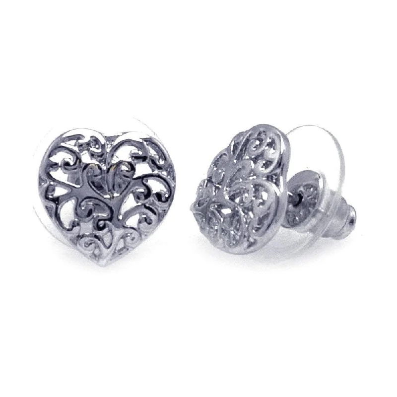 Ladies earrings boho flair-Silver 925 Rhodium Plated Open Heart Filigree Earrings - BGE00110