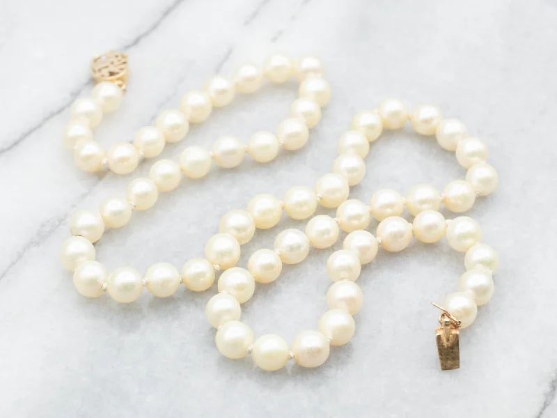 Ladies necklaces youthful charm-Saltwater Pearl Necklace with Gold Asian Character Clasp