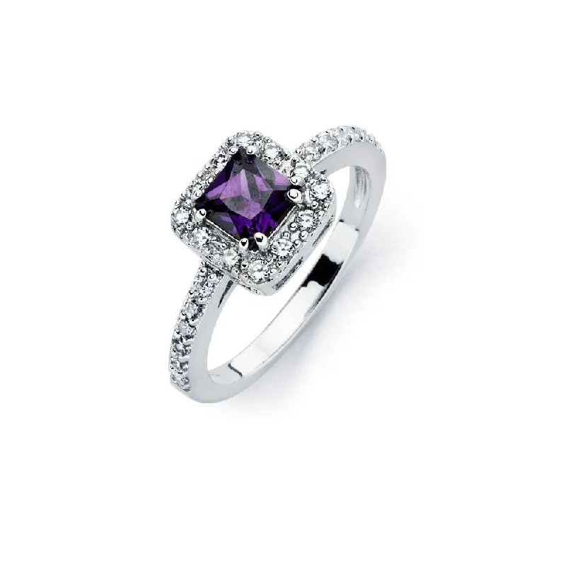 Ladies rings daily wear-Silver 925 Rhodium Plated Clear Micro Pave Set and Square Purple Center CZ Bridal Ring - BGR00734