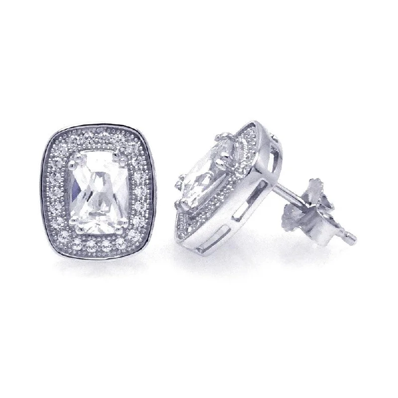 Ladies earrings holiday gifts-Silver 925 Rhodium Plated Micro Pave Clear Square Inlay CZ Earrings - ACE00035