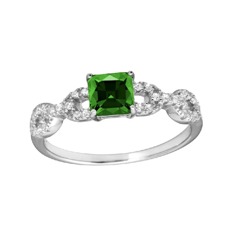 Ladies rings worldwide appeal-Rhodium Plated 925 Sterling Silver Square Green CZ Center Stone Chain Design Shank Ring - BGR01225GRN