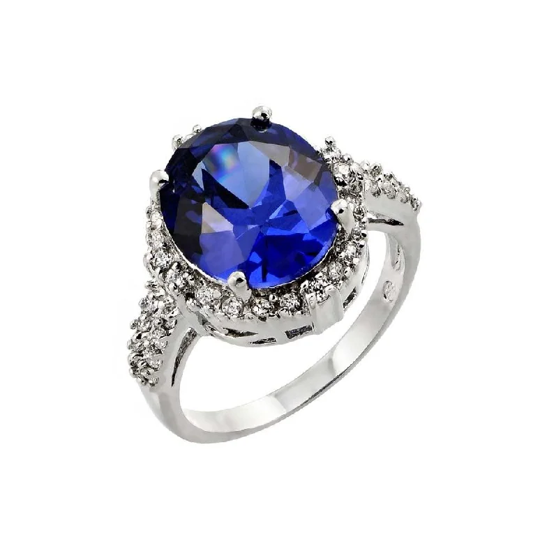 Ladies rings global brands-Silver 925 Rhodium Plated Blue Oval and Clear Inlay CZ Bridal Ring - BGR00777