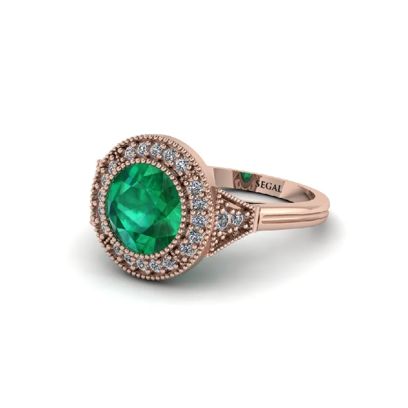 Ladies engagement rings romantic picks-Round Cut Emerald Milgrain Halo Engagement Ring - Maggie No. 5