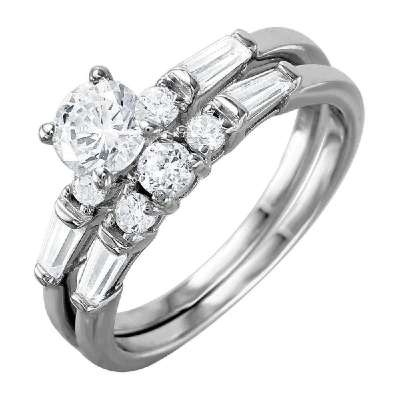 Ladies rings collectible items-Silver 925 Rhodium Plated Bridal Ring with Baguette CZ Stones - BGR01002