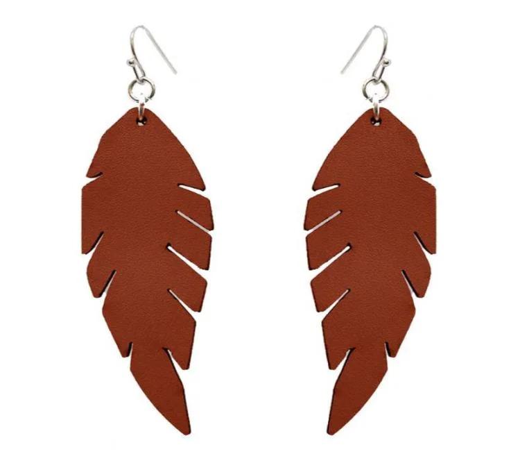 Ladies earrings unique designs-BROWN FAUX LEATHER FEATHER EARRINGS