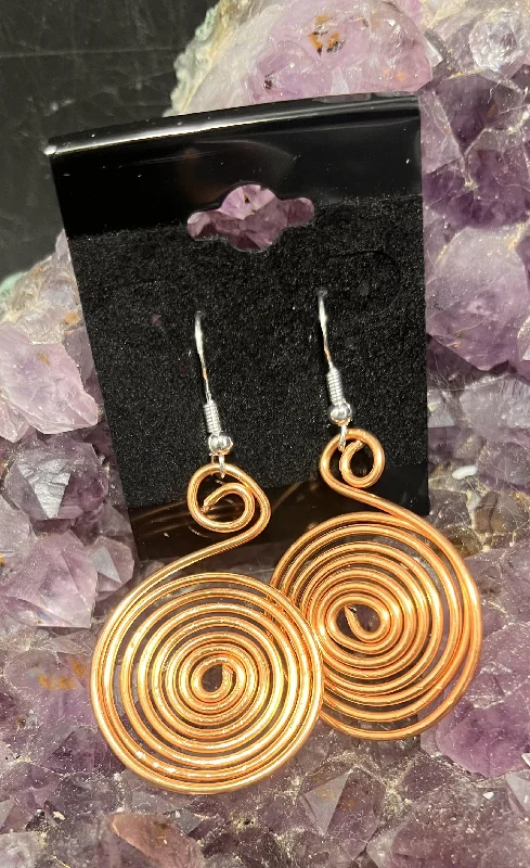 Ladies earrings social media trends-Copper Spiral Handmade Earrings w/sterling Plated Hooks