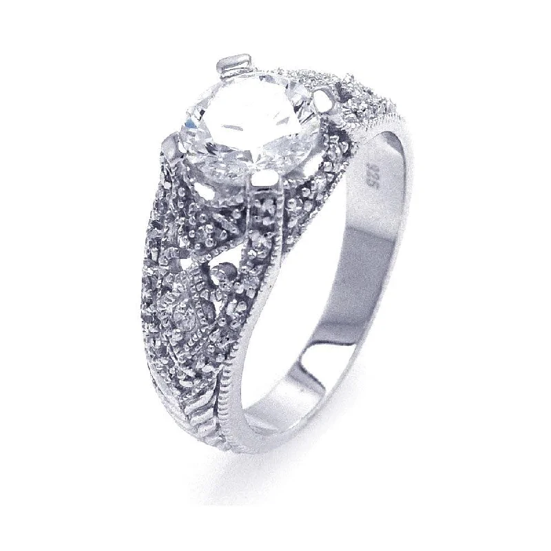 Ladies rings friendship rings-Silver 925 Rhodium Plated Round Center CZ Antique Ring - STR00525