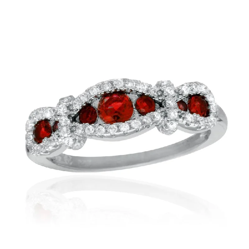 Ladies rings synthetic jewels-Rhodium Plated 925 Sterling Silver Knotted Red CZ Ring - BGR01112RED