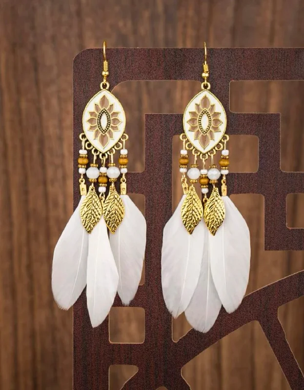 Ladies earrings Christmas designs-White Feather Tassel Earrings