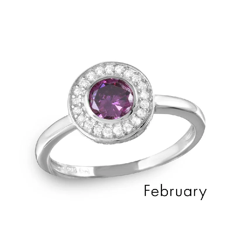 Ladies rings fashion picks-February Sterling Silver 925 Rhodium Plated CZ Center Birthstone Halo Ring - BGR01082FEB