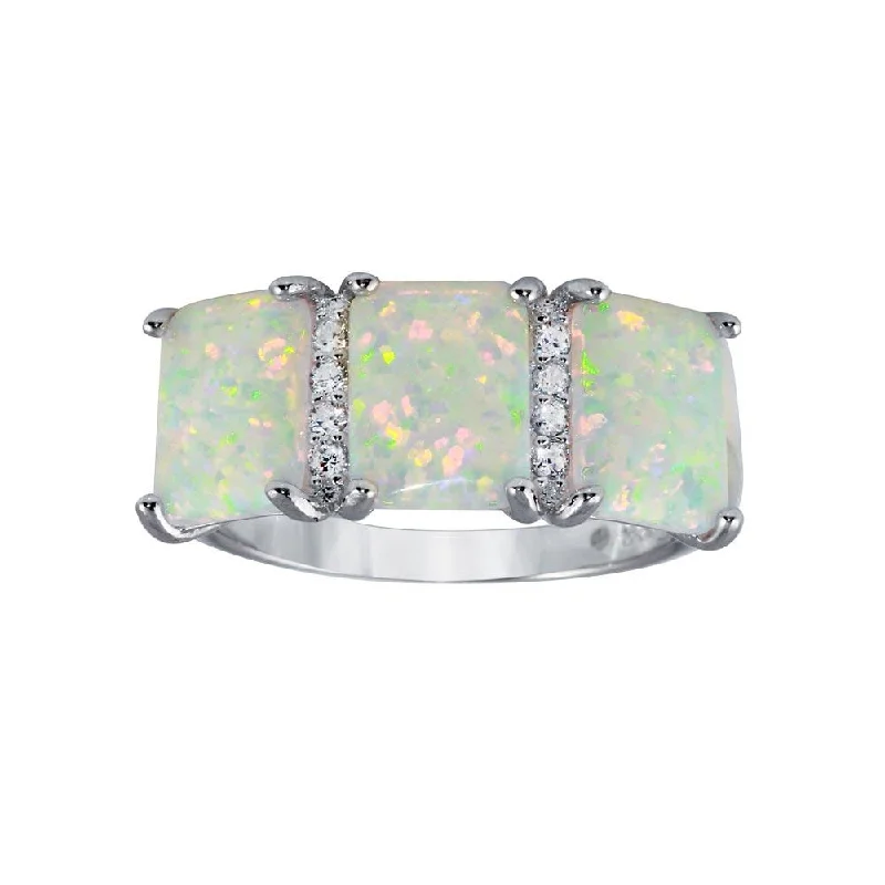 Ladies rings friendship rings-Rhodium Plated 925 Sterling Silver Triple Square Synthetic Opal CZ Ring - BGR01305