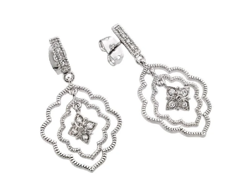 Ladies earrings matching pairs-Silver 925 Rhodium Plated Channel Curvy Marquis Flower CZ Dangling Earrings - BGE00355