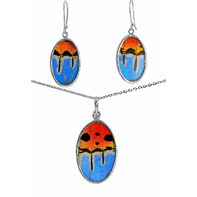 Ladies necklaces friendship necklaces-Blue Oval Butterfly Necklace & Earrings Set