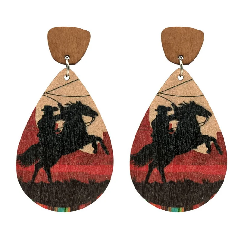 Ladies earrings size guide-Western Rope Ride Horse Cowboy Teardrop Earrings