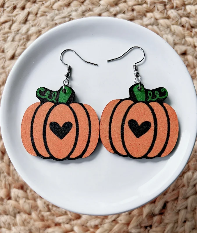 Ladies earrings group styles-Wooden Pumpkin with Heart Drop Earrings